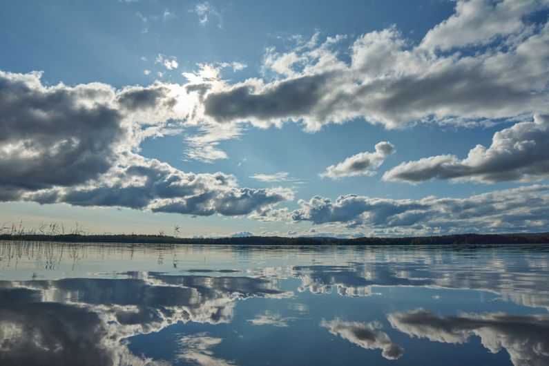 Weather - blue sky and white clouds over lake